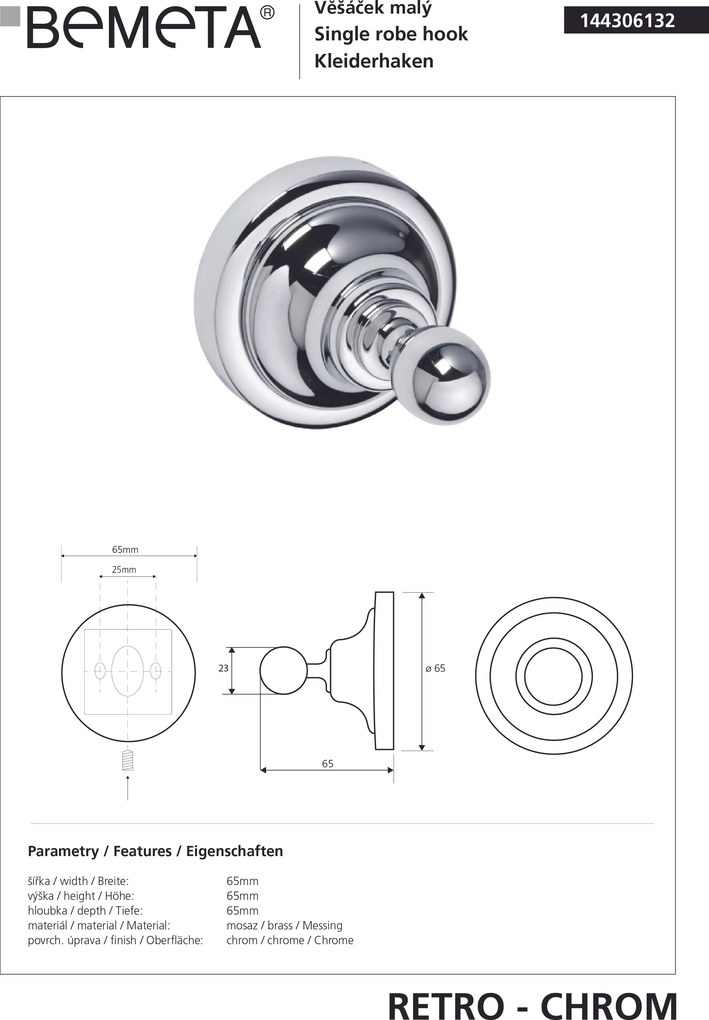 Bemeta Design RETRO chróm: Háčik - 144306132