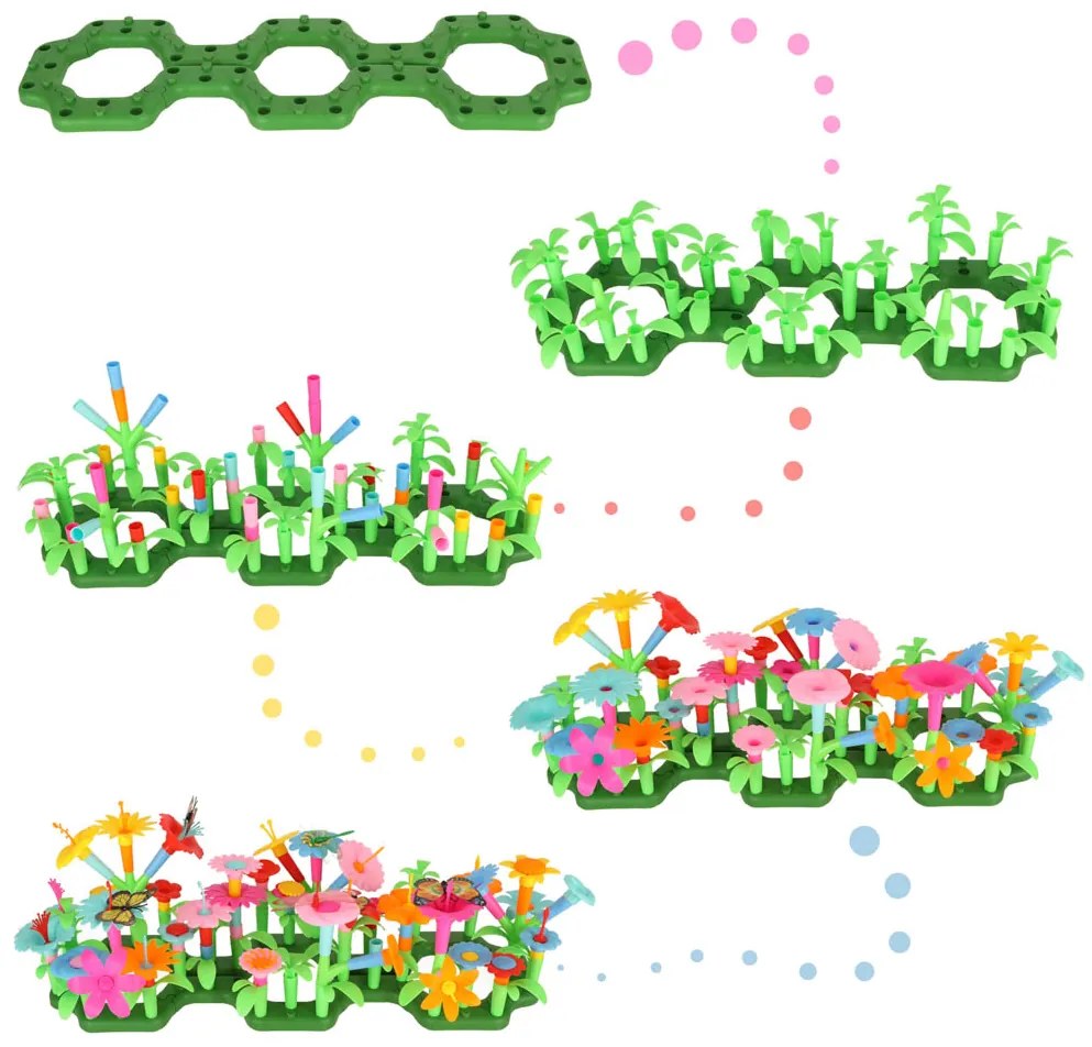 KIK Kreatívna plastová stavebnica kvetinová záhrada 175 dielov kvety, váza, kanva pre deti 3+