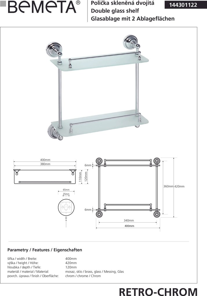 Bemeta Design RETRO chróm: Polička, 400 mm, dvojitá, sklo - 144301122