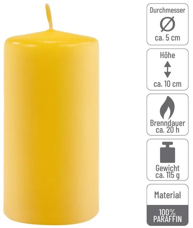 Sada stĺpových sviečok, 10 cm, Ø 5 cm, žltá, 8 ks