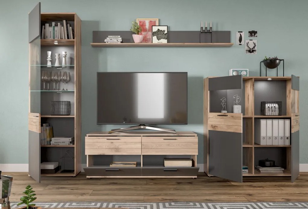 Vysoká vitrína Mason, dub/šedá