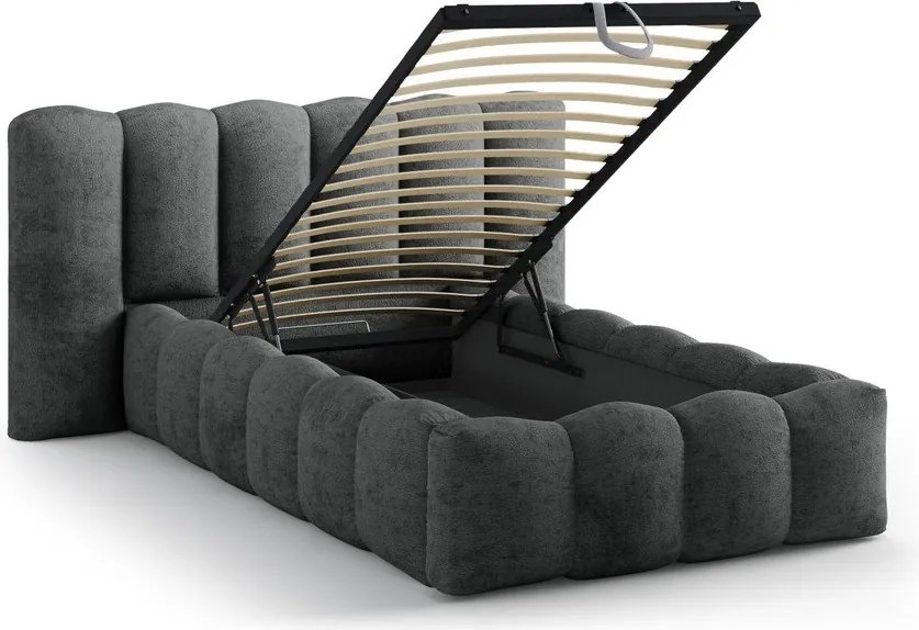 Tmavosivá čalúnená jednolôžková posteľ s úložným priestorom s roštom 90x200 cm Lupine – Micadoni