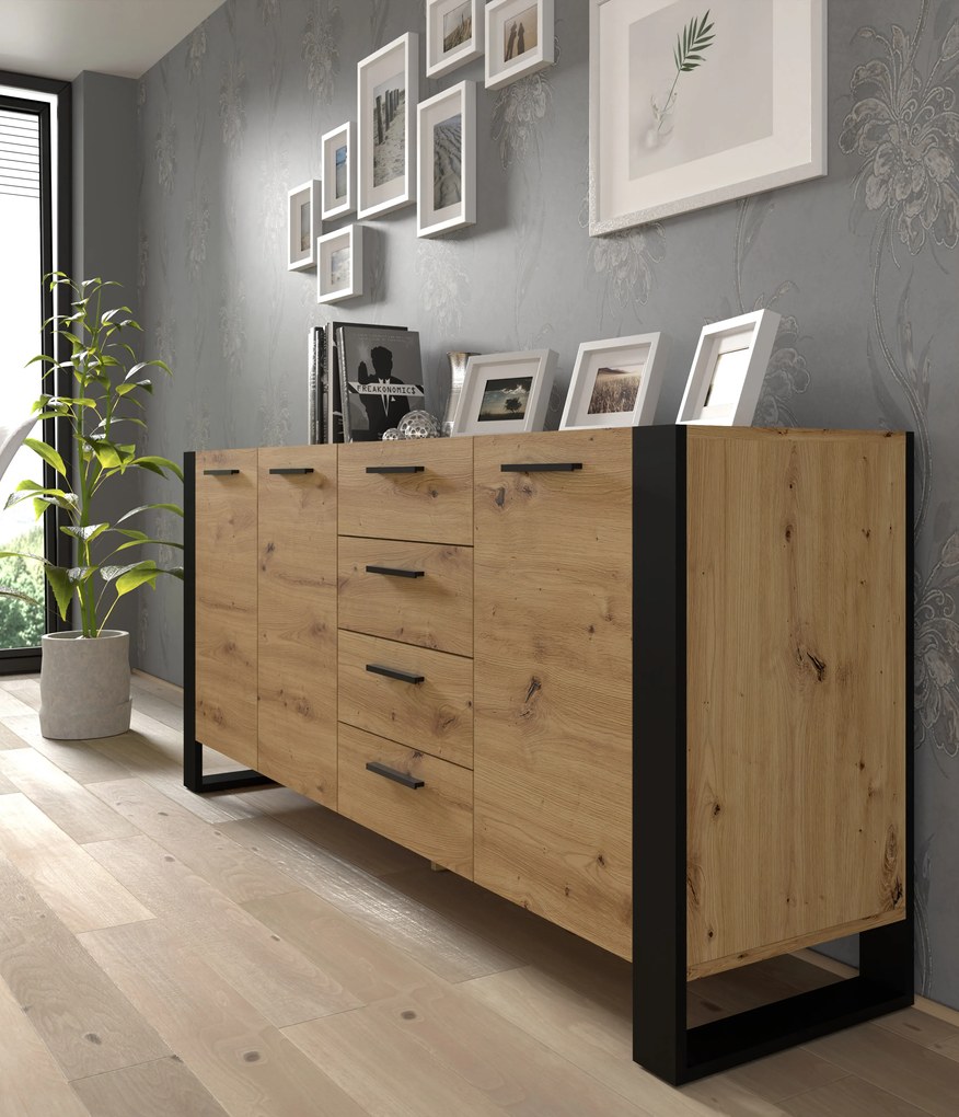 Komoda Nulakka K (dub artisan + matná čierna). Akcia -19%. Vlastná spoľahlivá doprava až k Vám domov. 1124857
