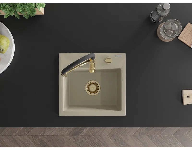 Mexen Milo, 1-komorový granitový drez 435x410x171 mm a drezová batéria Aster, béžová, 6505-69-73450-57-G