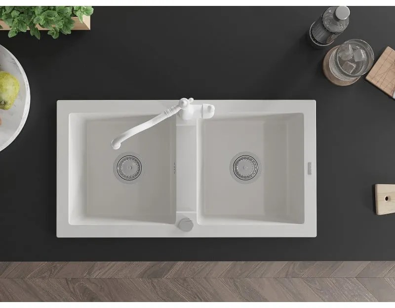 Mexen Mario, granitový drez 820x436x161 mm, 2-komorový a drezová batéria Carla, biela, 6504-20-670700-20