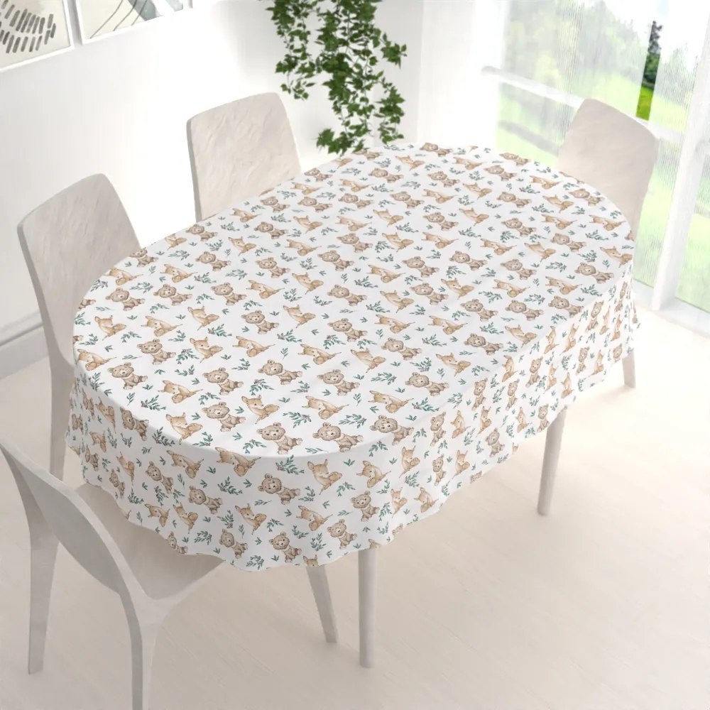 Biante Detský bavlnený oválny obrus Sandra SA-470 Medvedíky a srnčekovia na bielom 50x100 cm