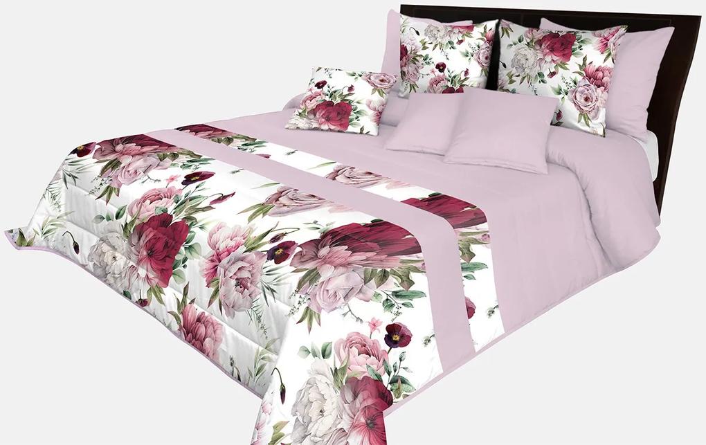 Prešívaný prehoz na posteľ v svetlo fialovej farbe s dokonalou potlačou ružových pivonií