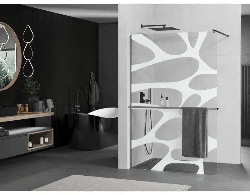 Mexen Kioto+, sprchová zástena Walk-In s poličkou a vešiakom 90 x 200 cm, 8mm číre sklo biely vzor, grafitový profil, 800-090-121-95-97