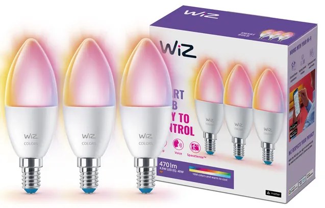 Philips WiZ 8720169075672 LED žiarovka sviečka Philips WiZ E14, 4,9W, 470lm, 2200-6500K+RGB, C37,biela, stmievateľná