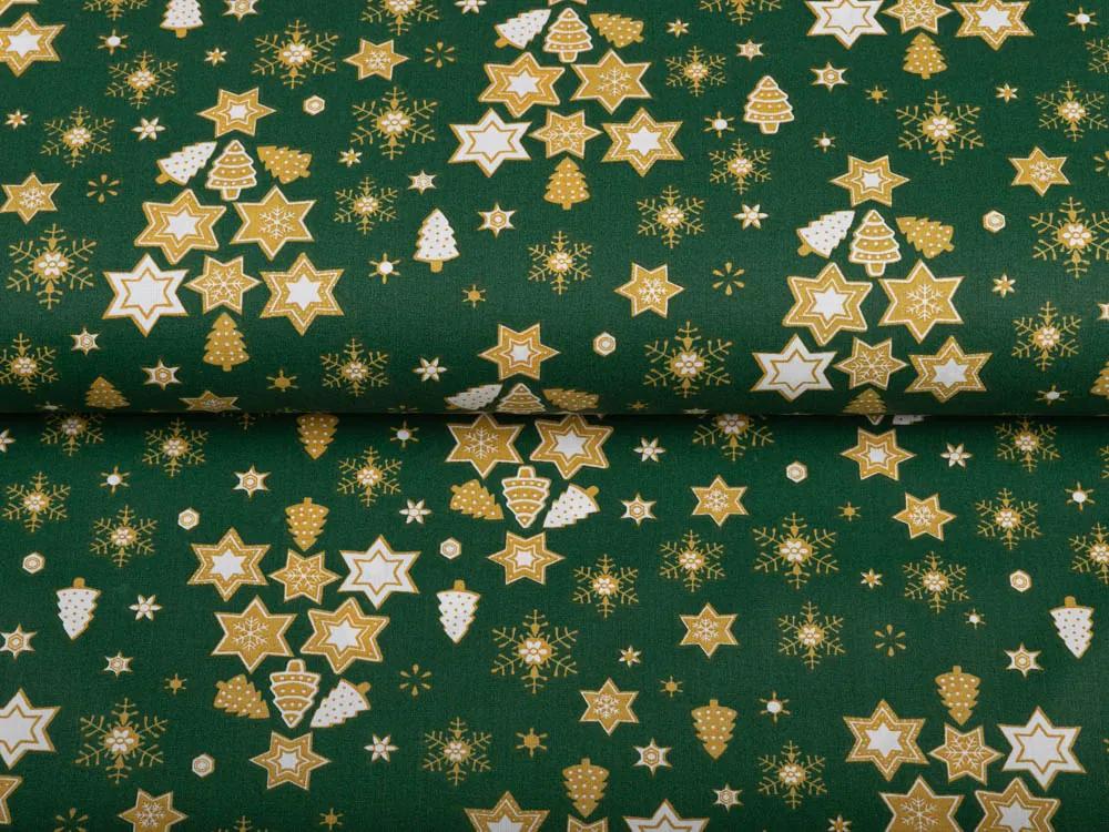 Vianočná bavlnená látka/plátno Sandra SA-407 Hviezdičky a stromčeky na zelenom - šírka 160 cm