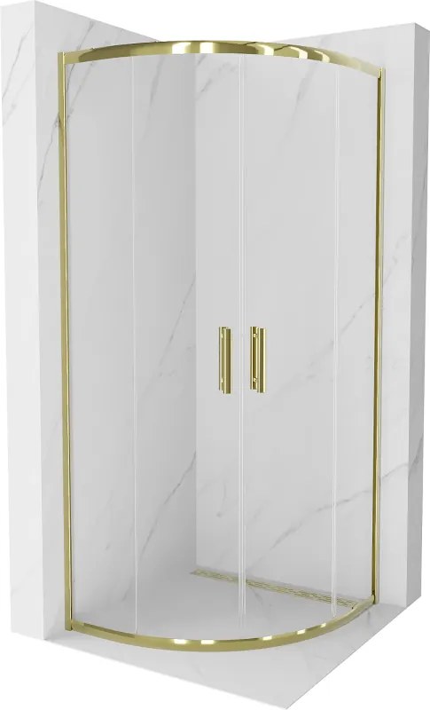 Mexen Rio, štvrťkruhový sprchovací kút s posuvnými dverami 70(dvere) x 70(dvere) x 190 cm, 6mm číre sklo, zlatý lesklý profil, 863-070-070-50-00