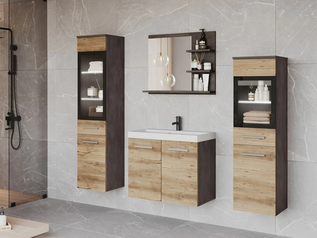 Kúpeľňový nábytok Apogon I, Farby: matera / gaštan breslau, Sifón: bez sifónu, Osvetlenie: osvetlenie LED biele, Umývadlová batéria: Economico BYU 020M