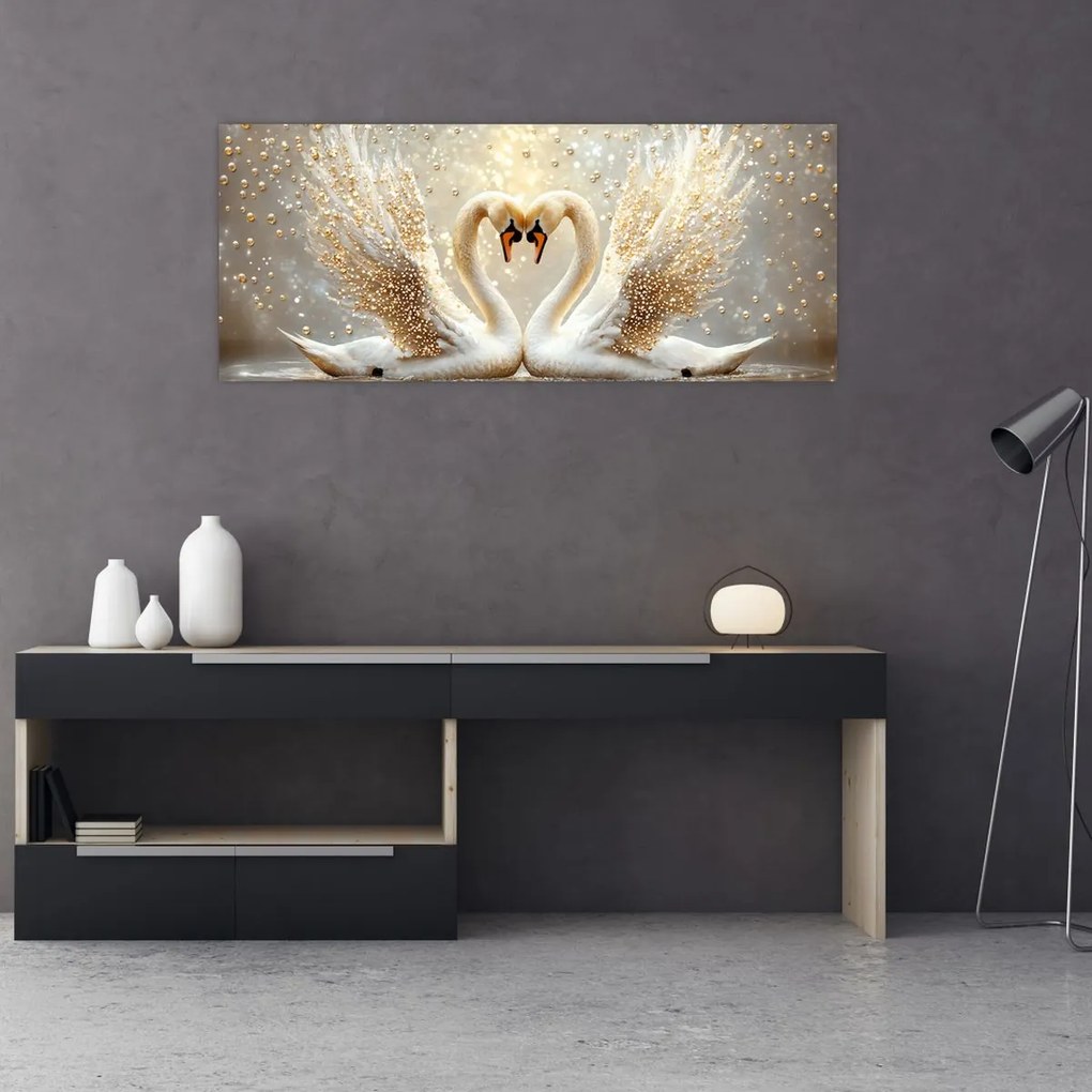 Obraz - Zlaté labute (120x50 cm)