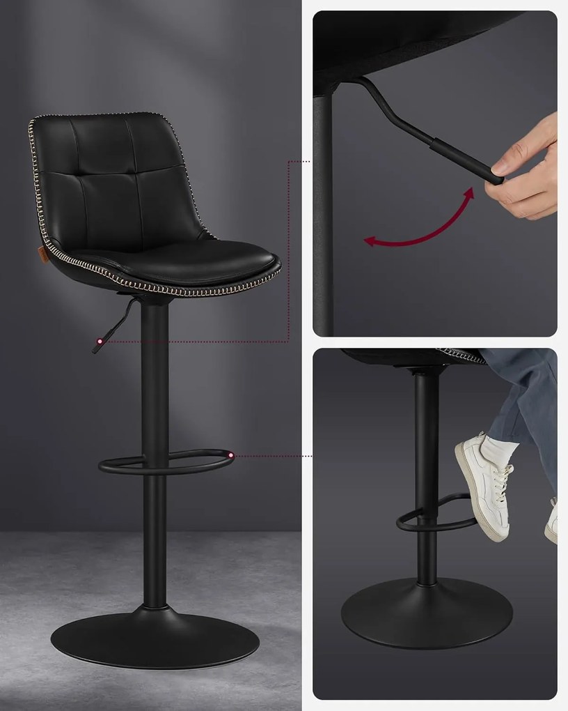 Sada 2 barových stoličiek s nastaviteľnou výškou, otočná kuchynská stolička, čierne