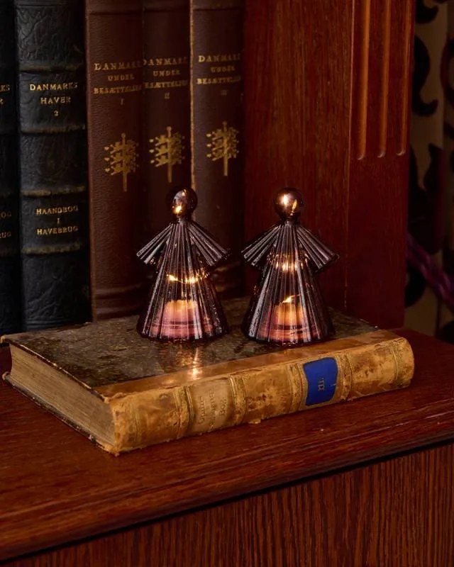 SIRIUS LED světelný anděl, skleněný, vínový, 10 cm, sada 2 kusy