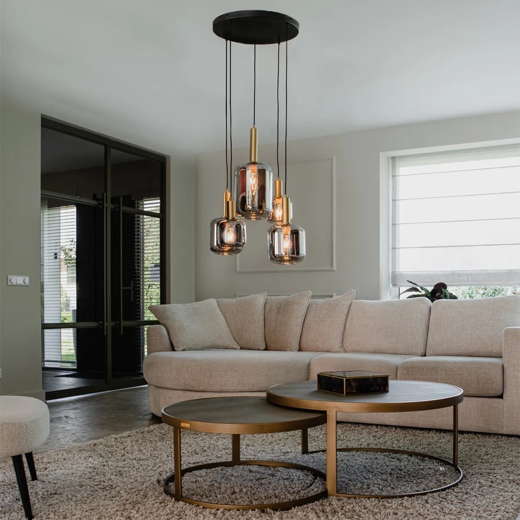 Závesné svietidlo čierne so zlatom s dymovým sklom 5-svetlo - Zuzanna