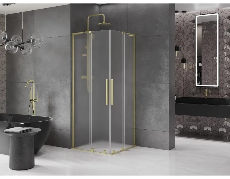 Mexen Velar L Duo, sprchový kút s posuvnými dverami 80 x 80 cm, 8mm sklo námraza, zlatá matná, 871-080-080-02-33-55