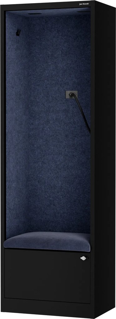 Kancelárska akustická kabína so sedadlom a portom USB-C, telo v čierny / sedák tmavomodrá v zelenej farbe, 600 mm: SALLY MentalBox