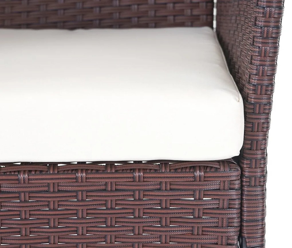 Záhradná súprava 2 kresiel, pohovky a stolíka HWC-D82 - melírovaná hnedá s krémovými vankúšmi