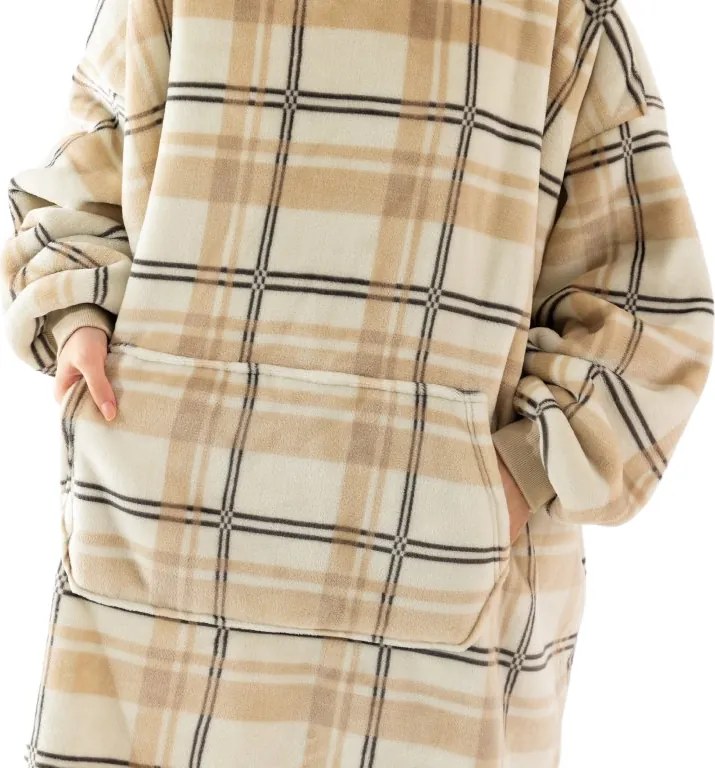 Baránková mikinová deka s rukávmi a kapucňou PLAID, krémová