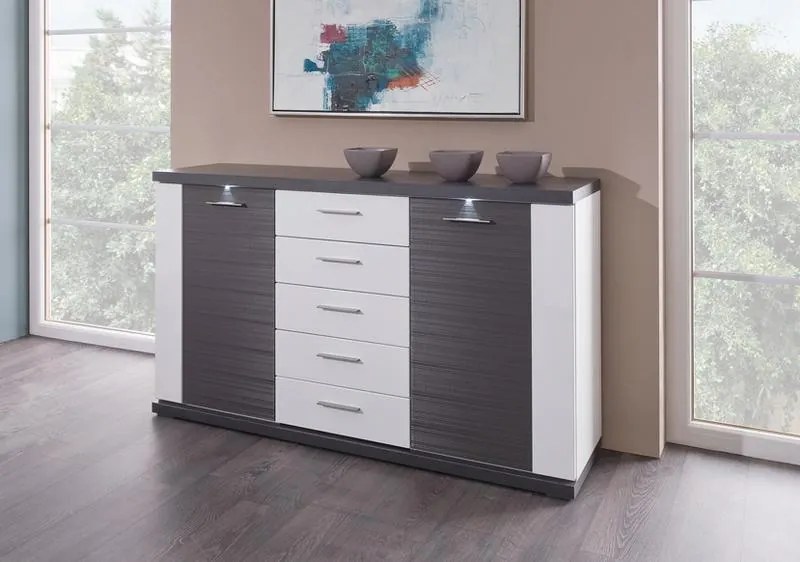 Široká komoda Caracas typ 21, grafit/biely lesk, s osvetlením