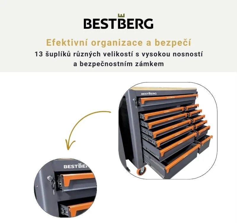 Kovový pojazdný dielenský vozík s 13 zásuvkami BestBerg BBTC-1301 / SPCC steel