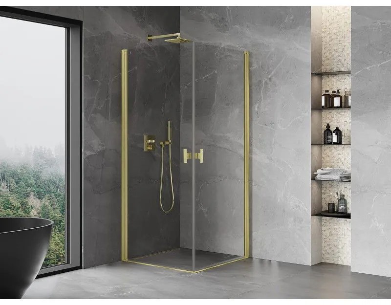 Mexen Mist-B Duo, 2-krídlový výklopný sprchový kút 70 x 70 cm, číre sklo, zlatý matný profil, 8A2-070-070-55-00