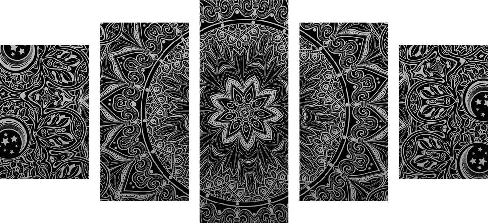 5-dielny obraz orientálna Mandala v čiernobielom prevedení