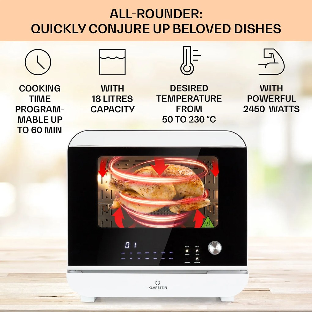 Klarstein Vita Pro, teplovzdušná fritéza s varením v pare, 2450 W, 18 l, 14 programov, 800 ml nádrž na vodu