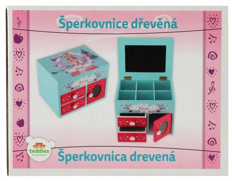 Skrinka šperkovnica Princess 3 zásuvky, odklápací vrch so zrkadielkom, 16x12,5x12cm, drevo