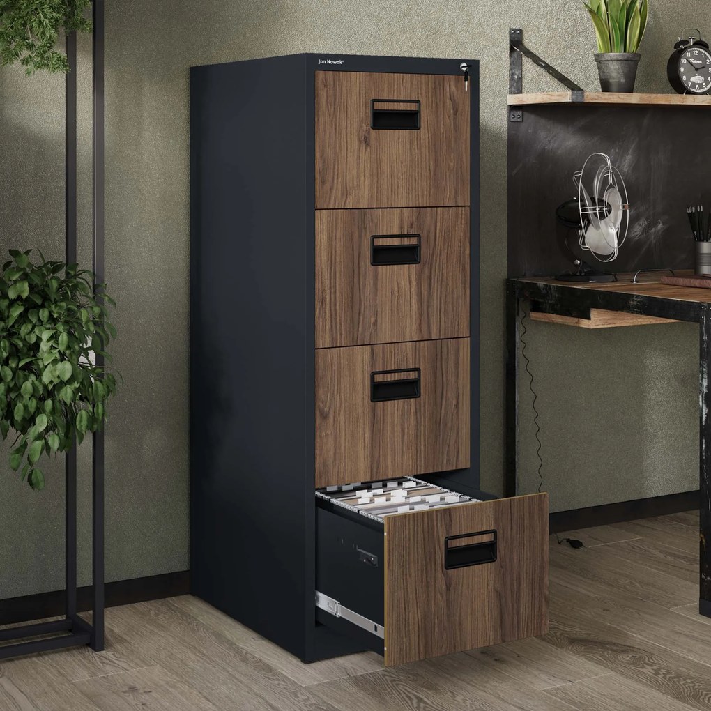 Kovová kartotéka, 4 zásuvky SARA V4, 460 x 1320 x 620 mm, Eco Desing: antracitová/ orech