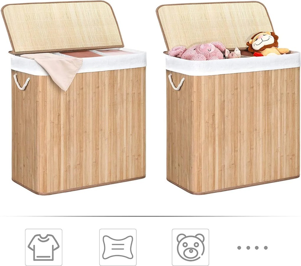 Kôš na bielizeň 150 L s 3 priehradkami, bambusový, 60 x 40 x 63 cm, prírodný