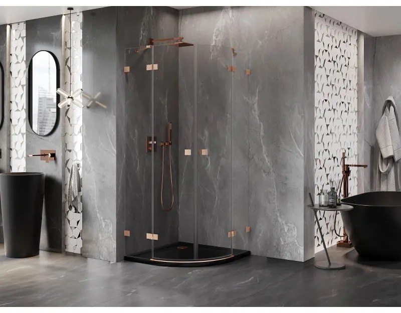 Mexen Lunar, polkruhový výklopný sprchový kút 90 x 90 cm, 8mm číre sklo, profil medená matná, 833-090L-090P-65-00