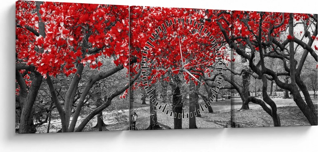 Obraz - Červené stromy, Central Park, New York (s hodinami) (90x30 cm)