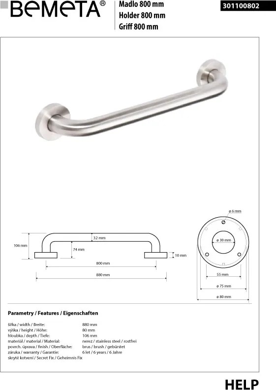 Bemeta Design HELP: Madlo, 800 mm, s krytkou, nerez, mat - 301100802