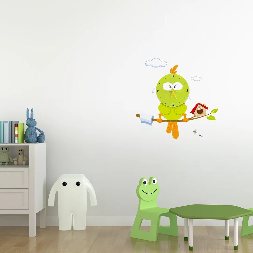 Detské nástenné svietidlo s hodinami Bird Clock, 1x zelené plastové tienidlo