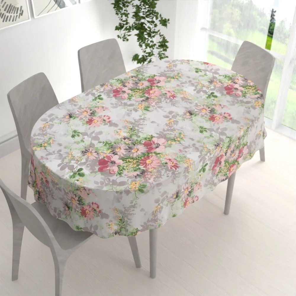 Biante Bavlnený oválny obrus Sandra SA-704 Maľované ružovo-červené kvety na sivom 50x100 cm