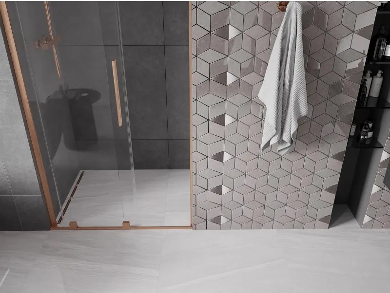Mexen Velar L, posuvné sprchové dvere do otvoru 90 cm, 8mm číre sklo, medená matná, 871-090-003-01-65