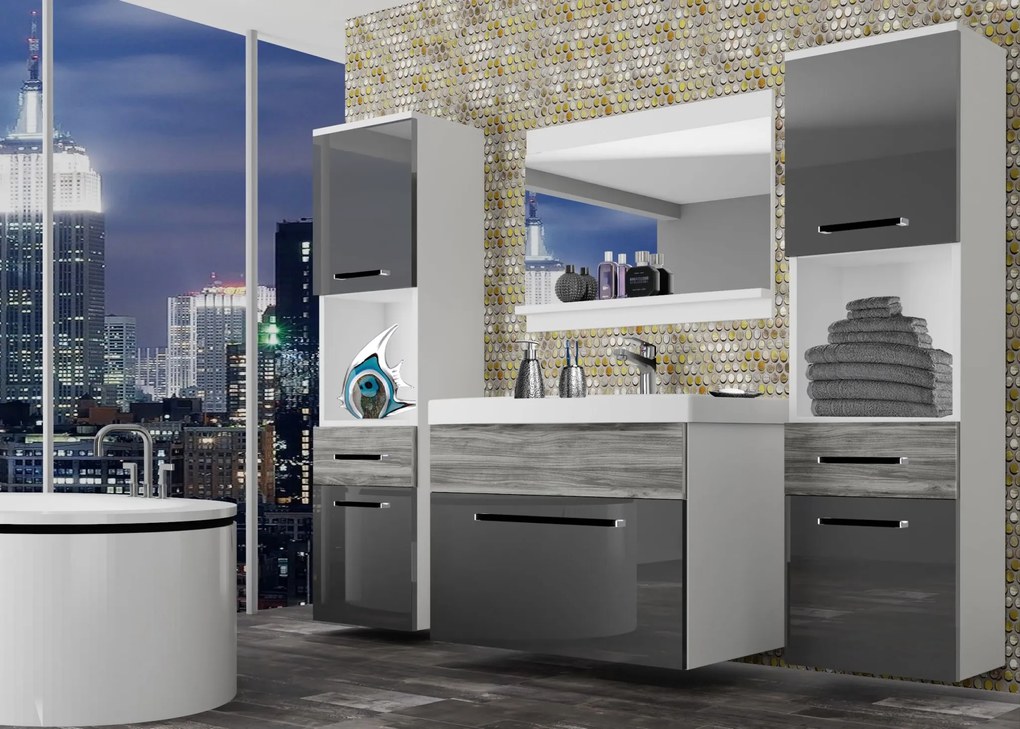 Kúpeľňový nábytok Belini šedý lesk / šedý antracit Glamour Wood + umývadlo + zrkadlo ROD PM 6/0/W/SGW1/0/ZW