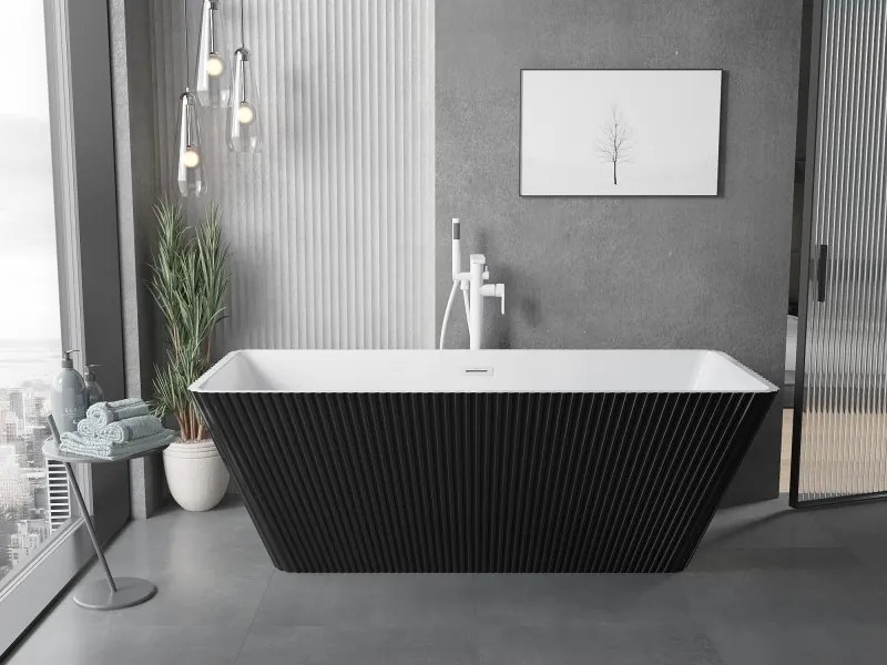 Mexen Tava, voľne stojaca ryhovaná vaňa 170 x 75 cm, biela-čierna, biely prepad, 52851707575-20