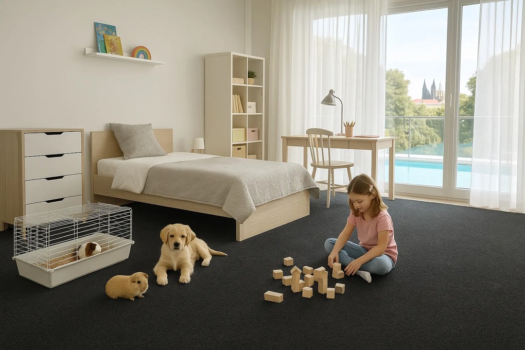 Betap, Metrážny koberec Debut 79, na mieru, šíře 4m, čierna, filc, detská izba