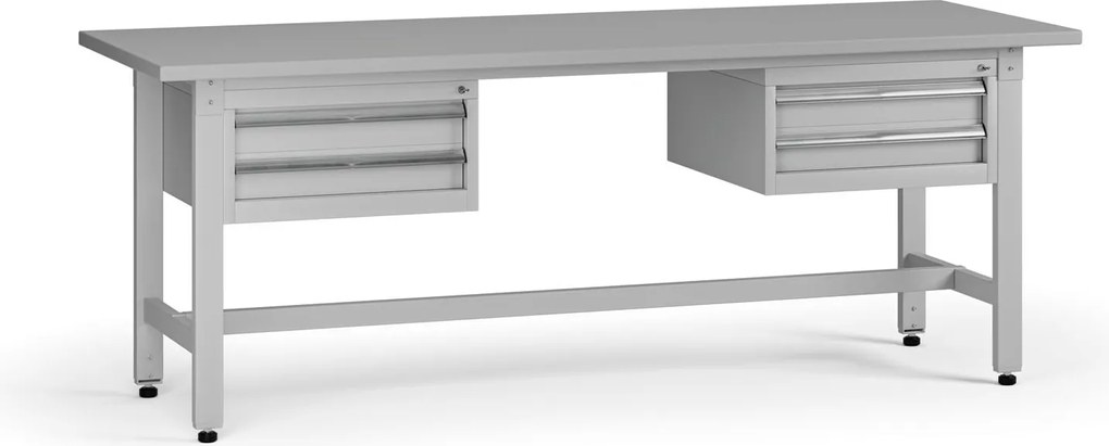 Výškovo nastaviteľný dielenský stôl G5, 2100 x 750 x 800-1000 mm, 2x kontajner, 4 zásuvky, sivá
