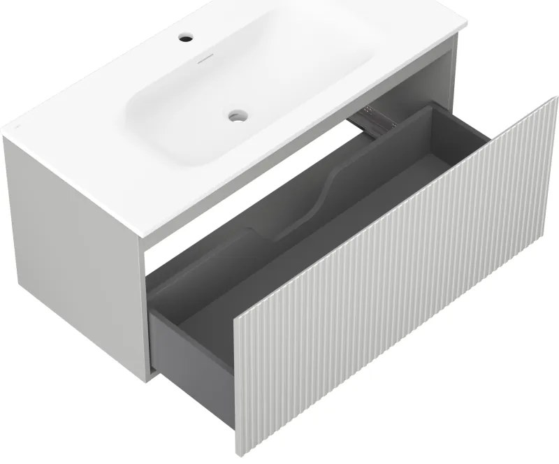 Mexen Rivel, kúpeľňová skrinka 100 cm s umývadlom Vela, 1 zásuvka, drážkovaná, sivá matná/biela, 91A20-10047-1-BF62-W23M01