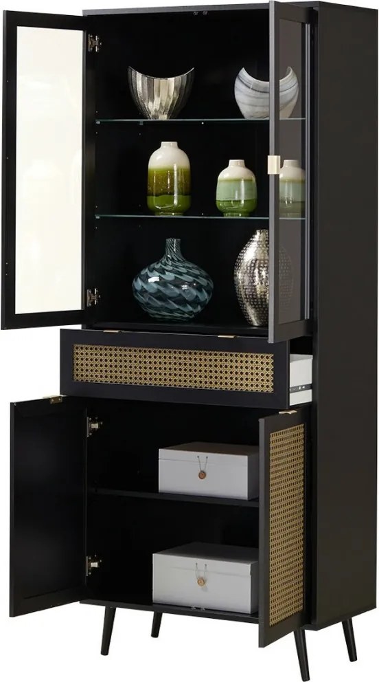 Vysoká vitrína Vienna, čierna/výplet