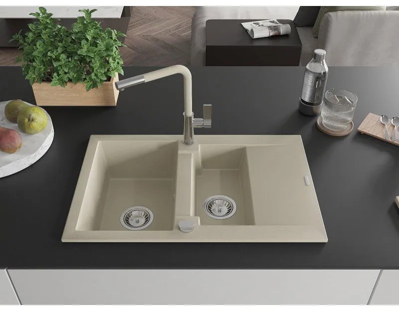 Mexen Gaspar, 1,5-komorový granitový drez 737x475x177 mm a drezová batéria Flora, béžová, 6507-69-670401-09