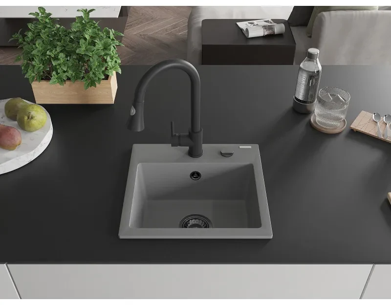 Mexen Milo, 1-komorový granitový drez 435x410x171 mm a drezová batéria Elia, šedá, 6505-71-670101-70-B