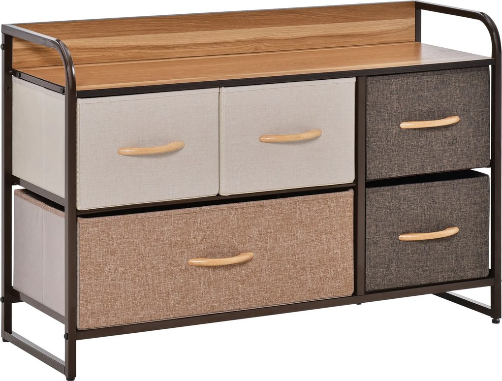 HOMCOM textilný komoda do spálne s 5 skladacími zásuvkami, drevená doska a kovový rám pre obývaciu izbu 87.5x29x58 cm Viacfarebný | Aosom