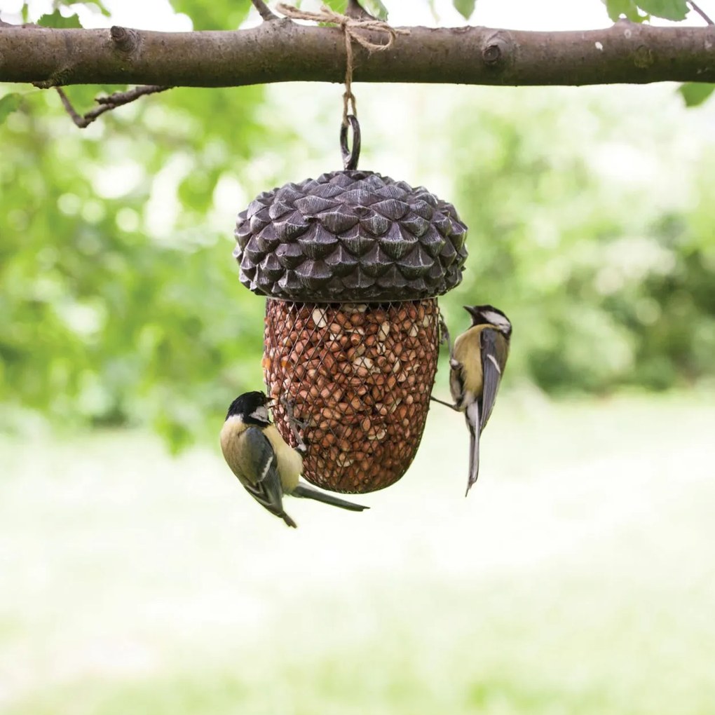 Závesné kŕmidlo pre vtáky Acorn, 30x13,5 cm, kov/polyesterová živica, sivá