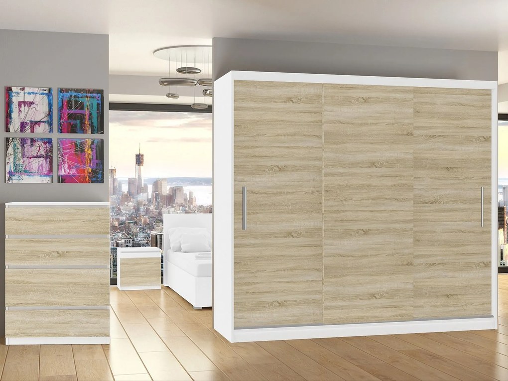 Šatníková skriňa 232 cm Belini biely mat / dub sonoma s posuvnými dverami SI SZP4/2/1W/3DS/0/AL
