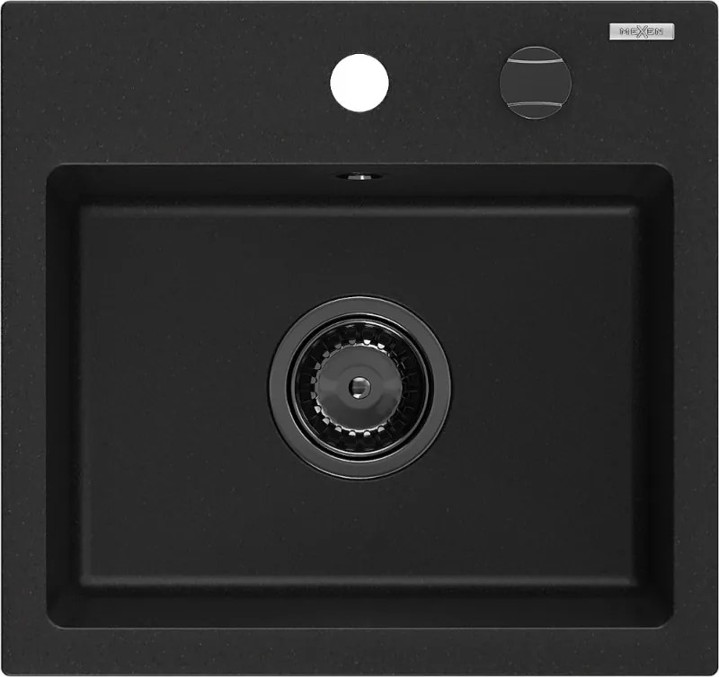 Mexen Milo granitový drez s 1 komorou 435 x 410 mm, čierny, čierny sifón - 6505441000-77-B